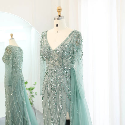 Sharon Said Turquoise Green Meramid Long Sleeves Evening Dress with Overskirt Slit Luxury for Wedding Party SS181 Customized