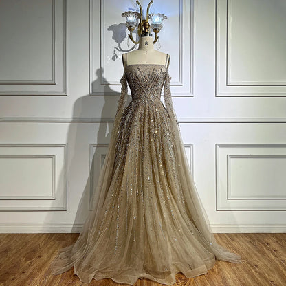 Turquoise Saudi A Line Luxury Evening Dress with Long Sleeves Cape for Formal Occasion Serene Hill 2025 LA72957 Customized