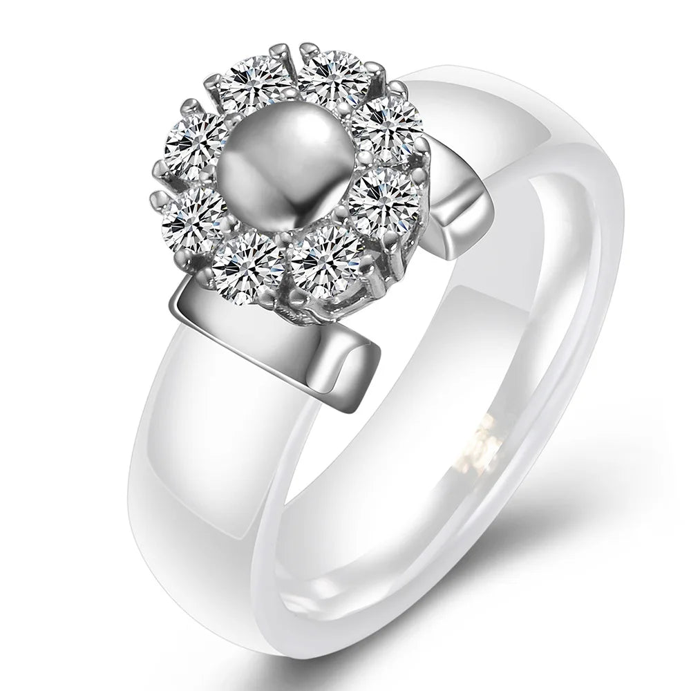 Luxury Sunflower Zircon Ceramic Ring For Women Girl Titanium Steel Metal Finger Jewelry Accessories Gift Black White Color