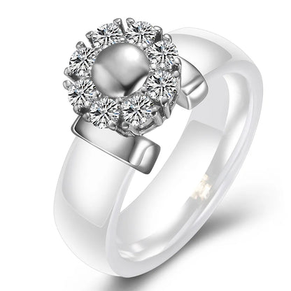 Luxury Sunflower Zircon Ceramic Ring For Women Girl Titanium Steel Metal Finger Jewelry Accessories Gift Black White Color