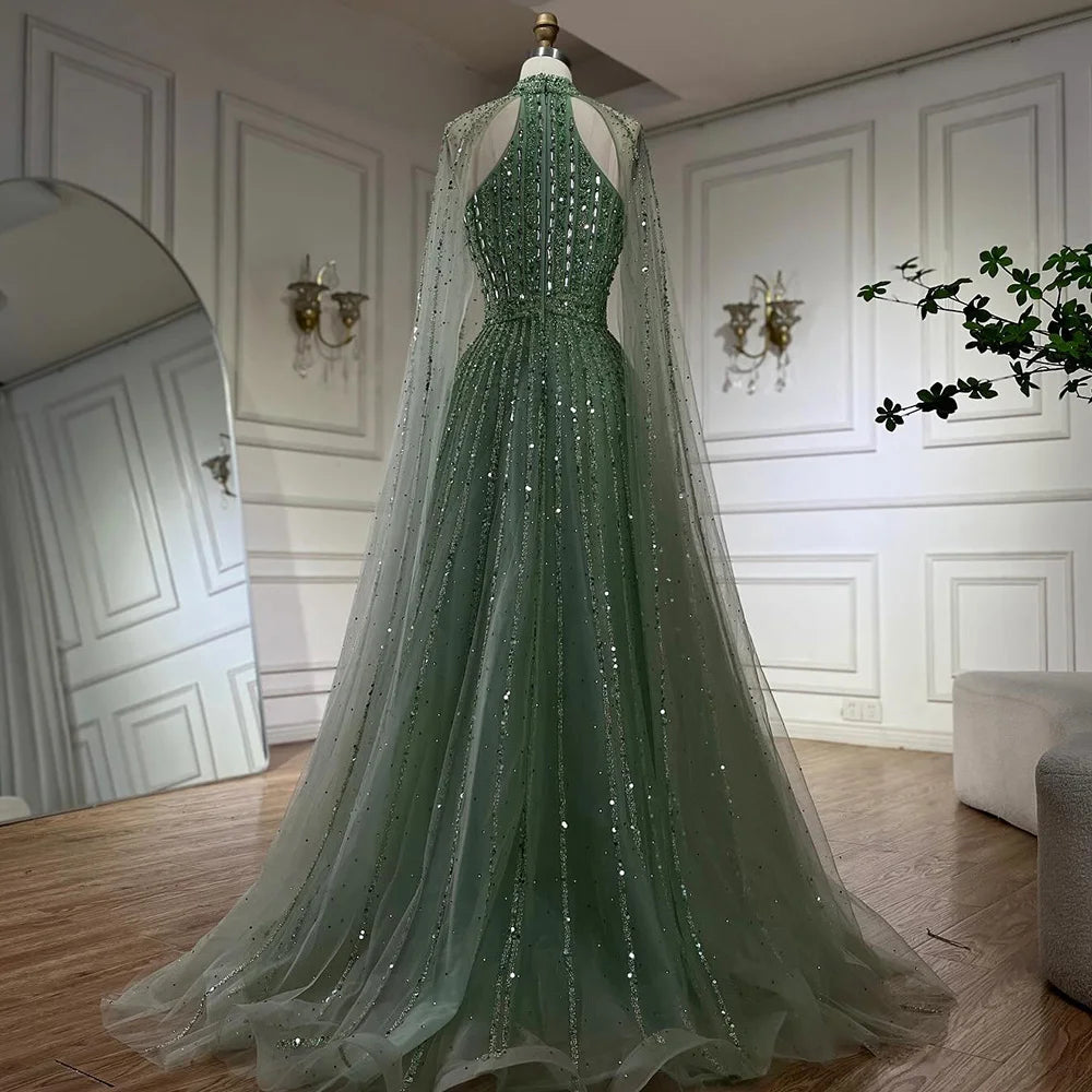 Serene Hill Arabic Turquoise A Line Cape Sleeve Beaded   Evening Dresses Gowns For Occasion 2025 LA72306A Customized