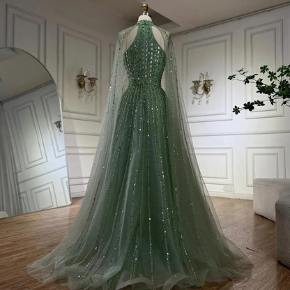 Serene Hill Arabic Turquoise A Line Cape Sleeve Beaded   Evening Dresses Gowns For Occasion 2025 LA72306A Customized
