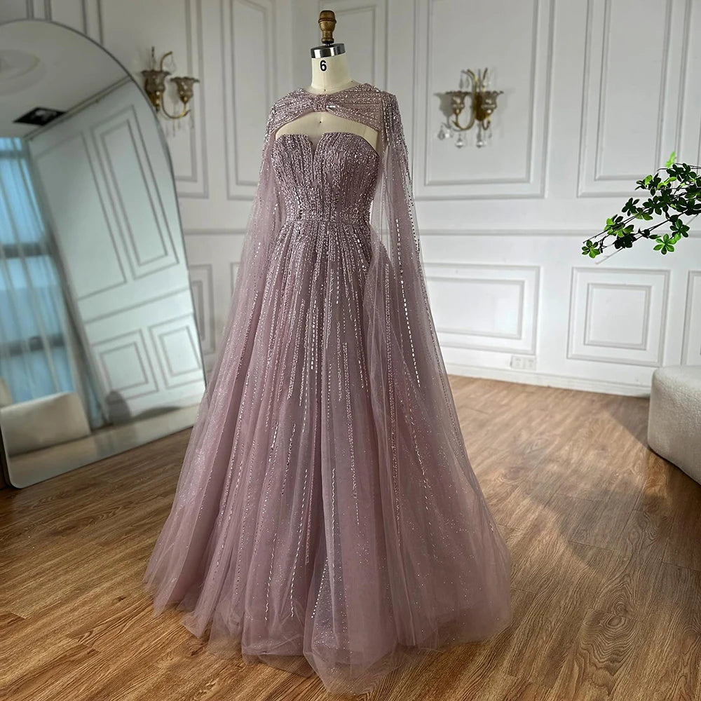 Serene Hill 2025 Arabic Blue Cape  A-Line Beaded Evening Dresses Long Celebrity Gowns  LA72427 Customized