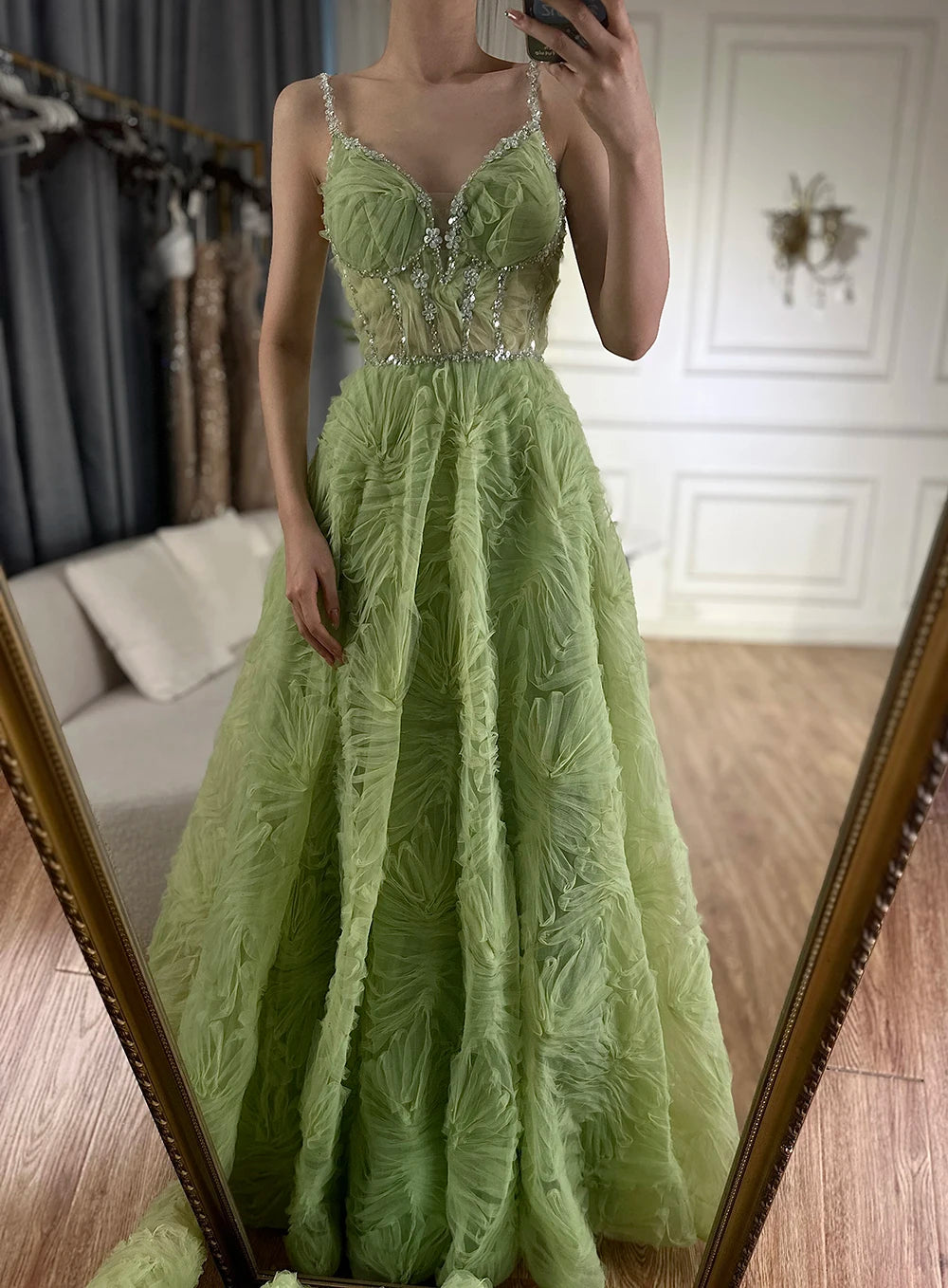 Serene Hill 2025 Arabic Sage Green  Spaghetti Strap Backless A-Line Prom Dress for  | Wedding Party LA72636 Customized