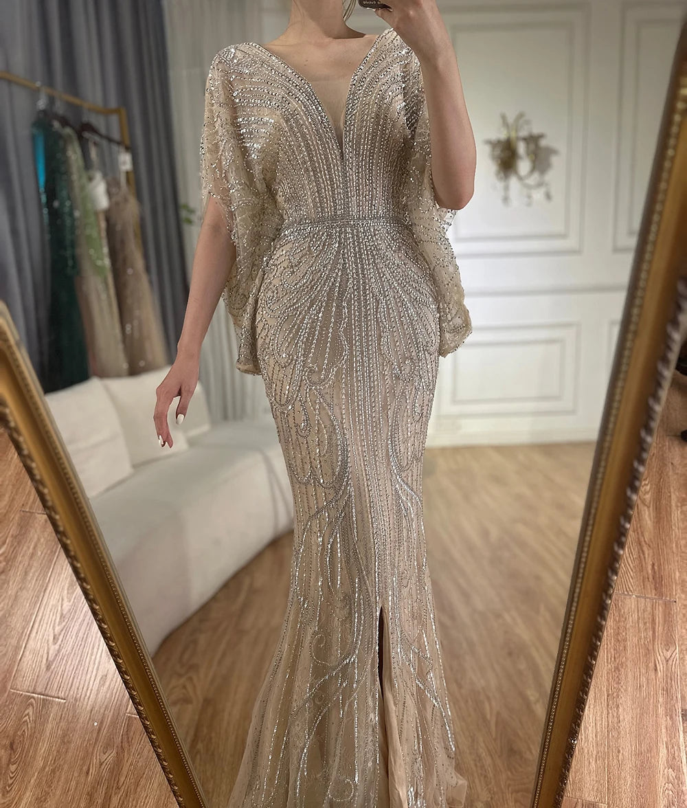 Serene Hill Arabic Gold Elegant Mermaid Black  Beaded Evening Dresses Gowns Diamond For Party 2025 LA72288A Customized