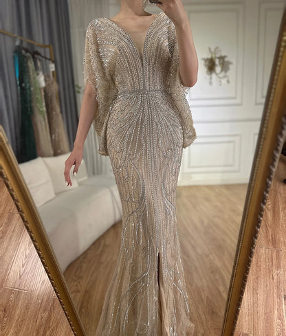 Serene Hill Arabic Gold Elegant Mermaid Black  Beaded Evening Dresses Gowns Diamond For Party 2025 LA72288A Customized