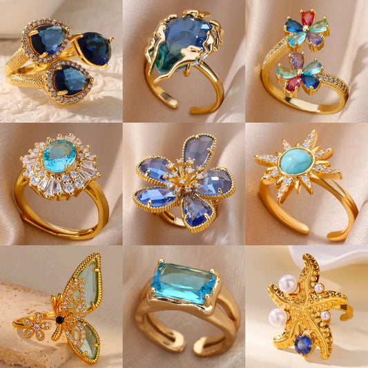 Luxury Blue Colorful Zircon Rings For Women Stainless Steel Gold Plated Flower Butterfly Ring Exquisite Party Shiny Jewelry 2025