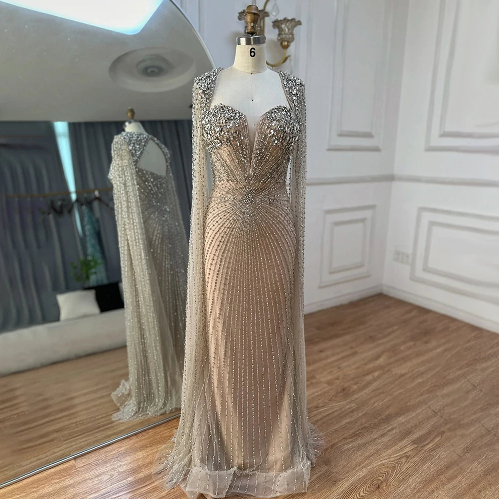 Serene Hill Customized Arabic Silver Nude Cape Sleeves Beaded Evening Dresses Gowns For Women Wedding Party 2025 LA72575