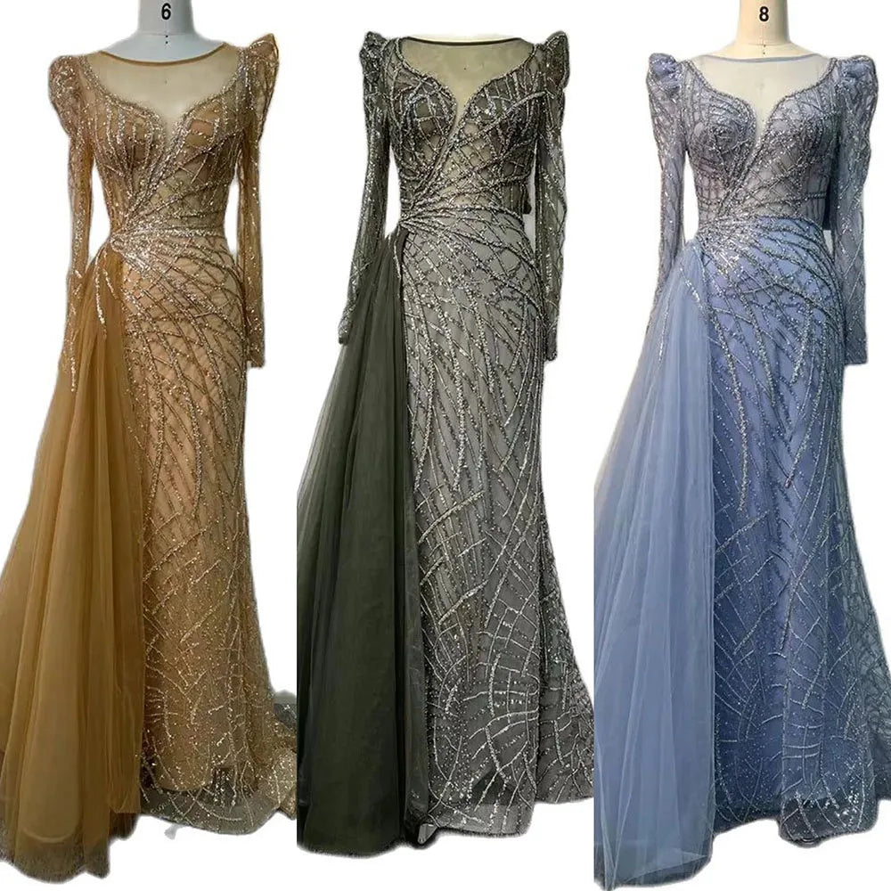 Serene Hill Muslim Gold Mermaid Beaded  Dubai Evening Dresses Gowns With Overskirt 2025 For  Party LA72206 Customized