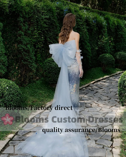 Blooms Customized Sequins Shiny Luxury Evening Dresses For Prom Bow Flowers Gloves Party Gown robes invitée mariage