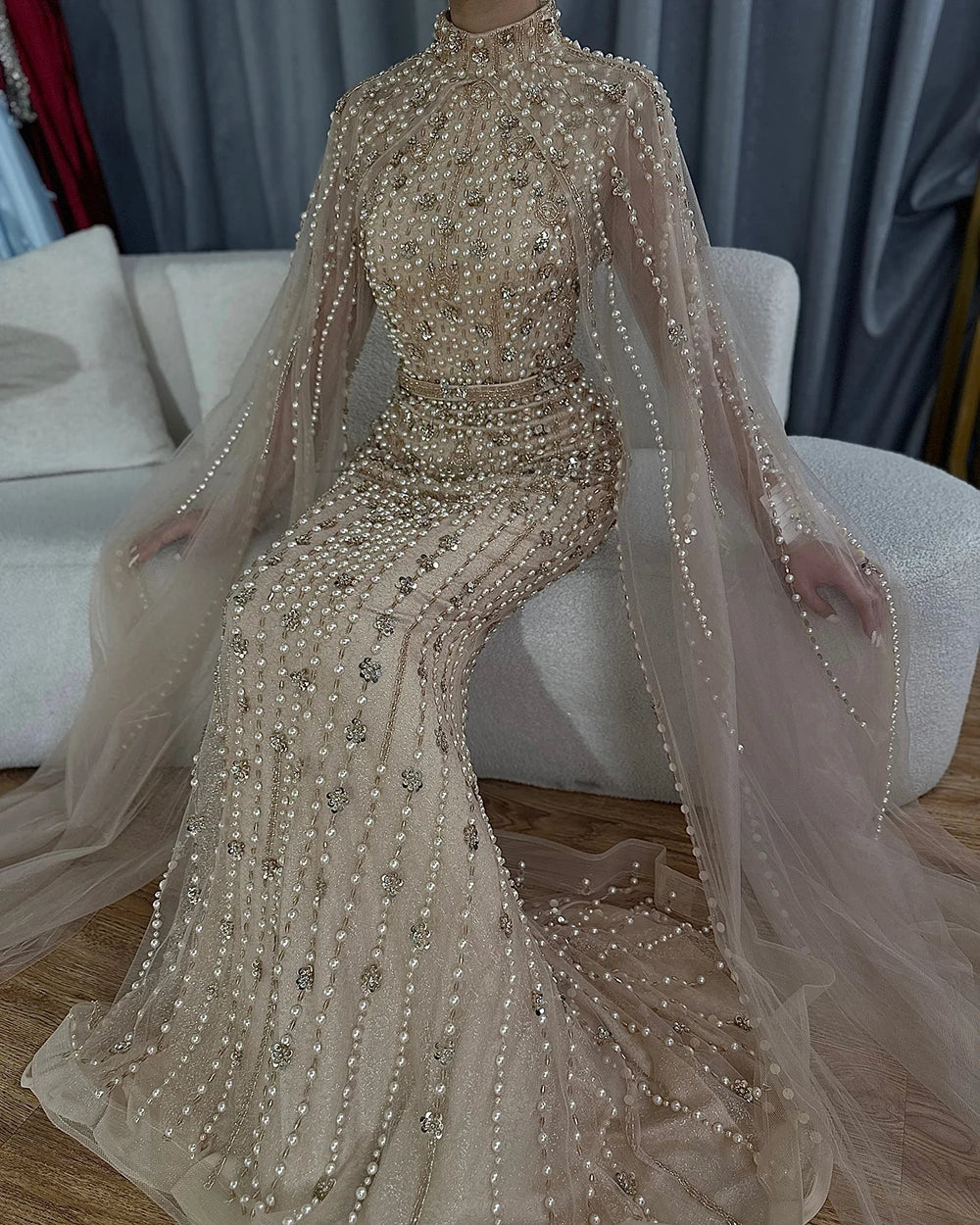 Muslim Nude Mermaid Cape Sleeves Pearls Beaded Luxury Dubai Evening Dresses Gowns 2025 Wedding Party LA72372 Customized