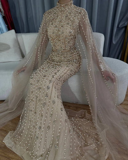 Muslim Nude Mermaid Cape Sleeves Pearls Beaded Luxury Dubai Evening Dresses Gowns 2025 Wedding Party LA72372 Customized