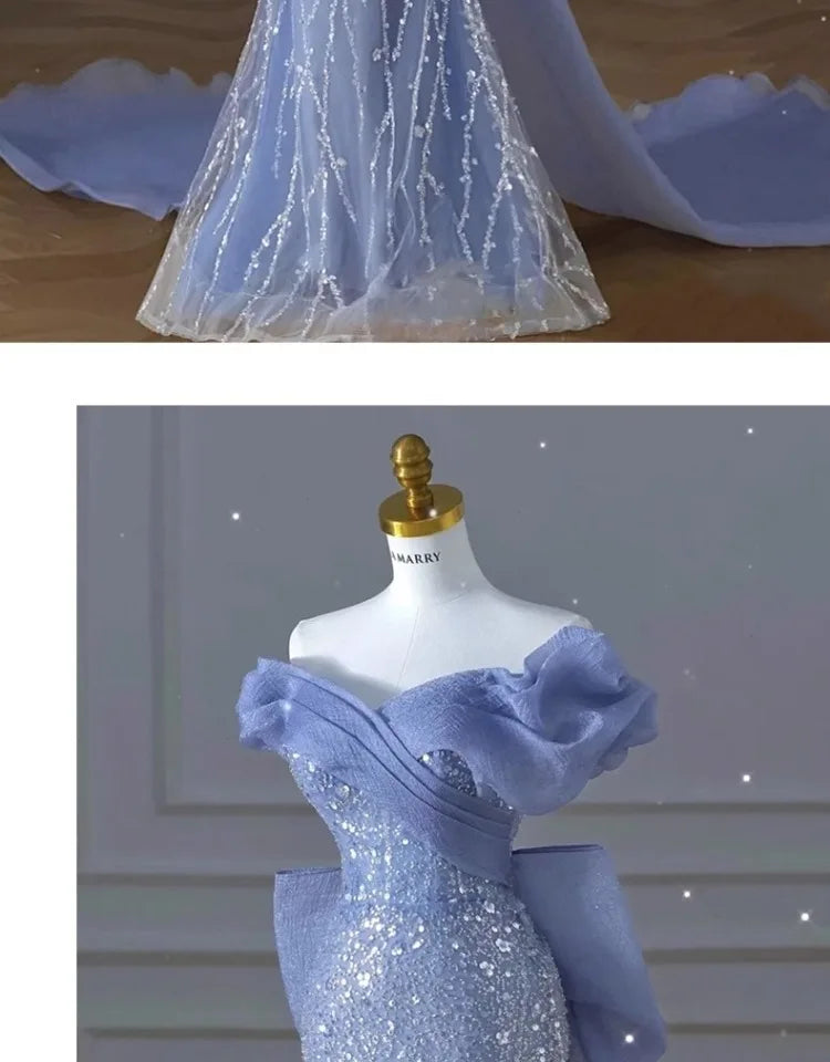 Woman's Dress High Dress Off-Shoulder Blue Evening Dress Light Luxury Niche Mermaid Sequin Host Elegant Party Dress