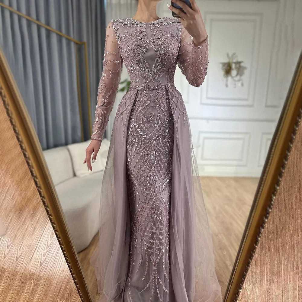 Serene Hill Muslim Silver Nude Mermaid Gown with Detachable Overskirt Beaded Evening Dress for Women Wedding Party 2025 LA71919