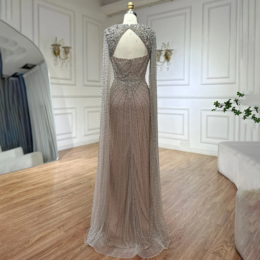 Serene Hill Customized Arabic Silver Nude Cape Sleeves Beaded Evening Dresses Gowns For Women Wedding Party 2025 LA72575