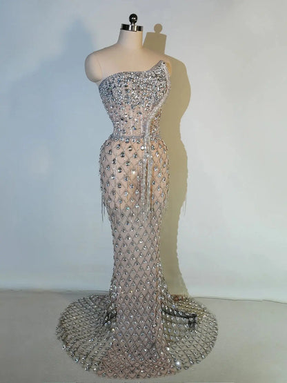 luxury Bright Crystal Dress Sexy Luxury Beaded Rhinestone Tulle Evening Prom Party Dress Noble Shooting Wedding Wedding Dresses