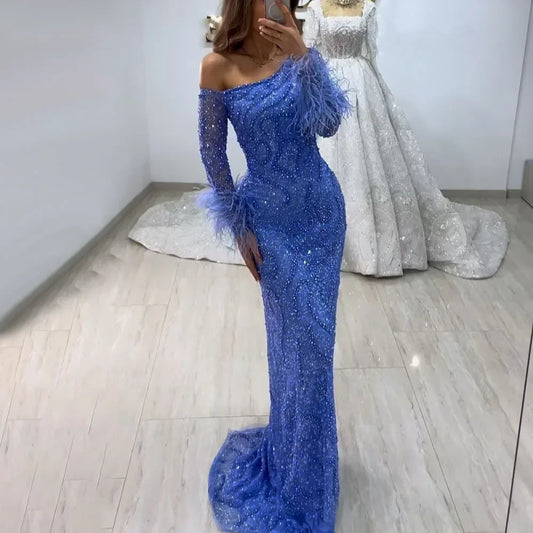 Serene Hill Blue Mermaid Elegant One-Shoulder Beaded Feathers  Evening Dress Gown for 's Wedding Party 2025 LA72395 Customized