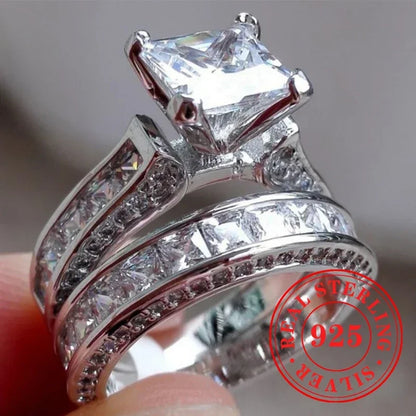 CAOSHI Sparkling Fully Inlaid Zirconia 2Pc/Set Rings 925 Sterling Silver Absolutely Stunning  Jewelry Engagement Women Jewelry