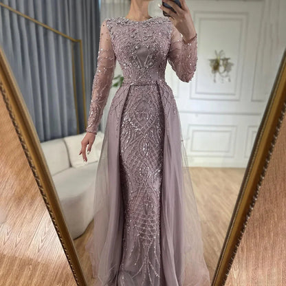 Serene Hill Muslim Silver Nude Mermaid Gown with Detachable Overskirt Beaded Evening Dress for Women Wedding Party 2025 LA71919