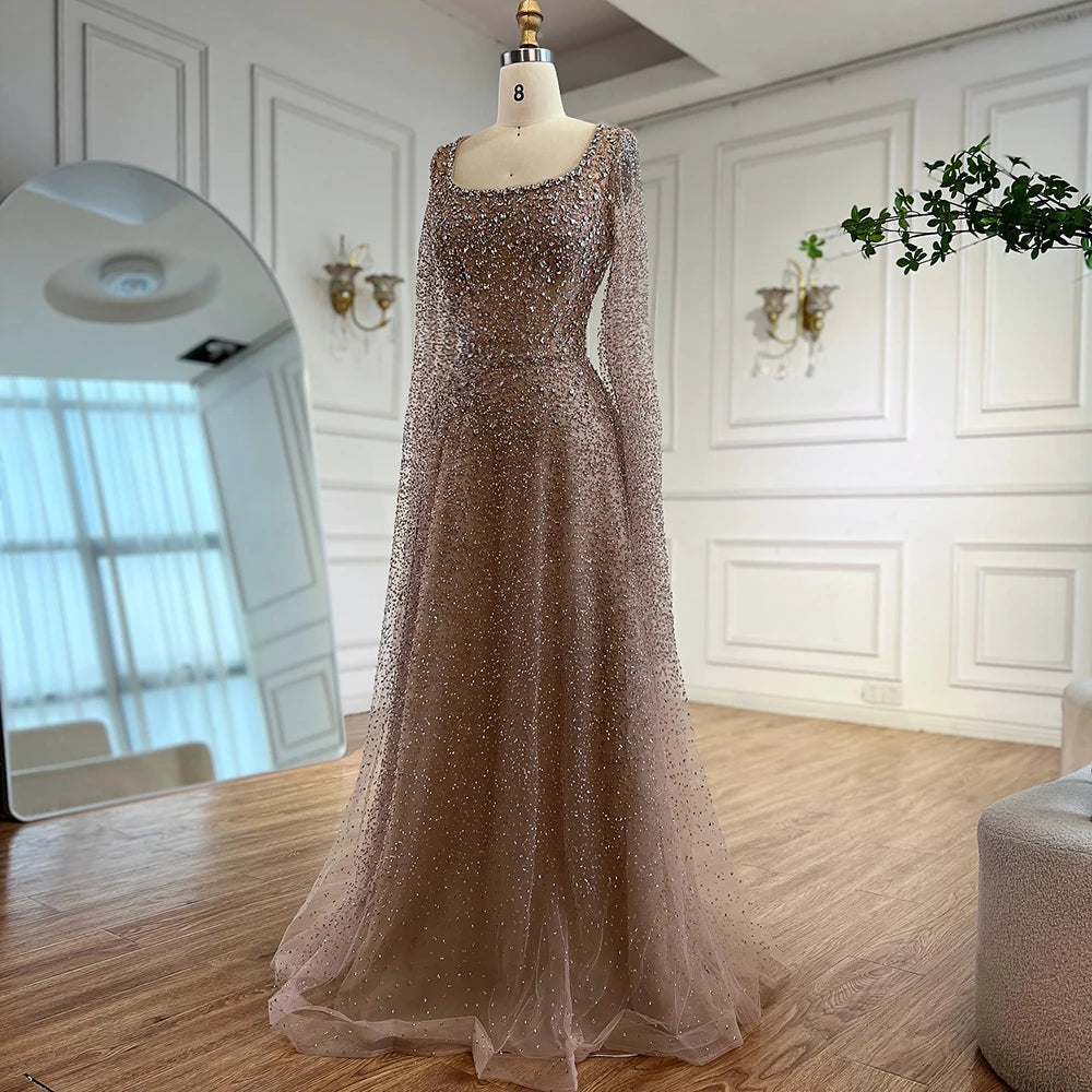 Rose Gold Beaded Saudi Evening Dress with Cape Sleeves A-Line Gown Serene Hill 2025 LA72147C Customized Plus Size