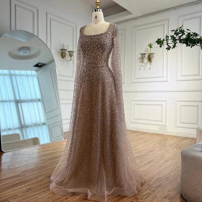 Rose Gold Beaded Saudi Evening Dress with Cape Sleeves A-Line Gown Serene Hill 2025 LA72147C Customized Plus Size