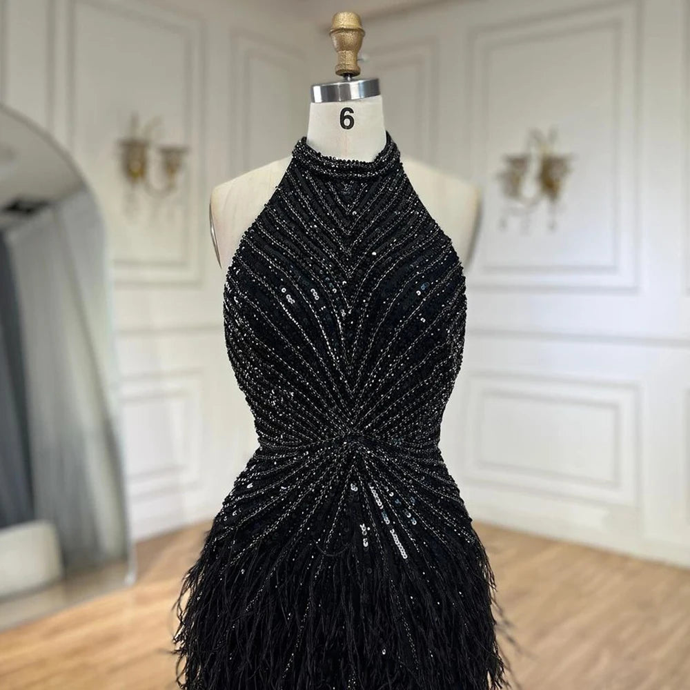 Serene Hill Dubai Halter Beige  Feathers Beaded Formal Luxury Mermaid Evening Dresses For Women Wedding Party 2025 LA70623A