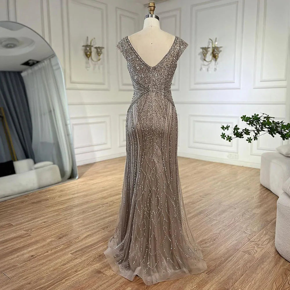 Customized Dubai Caramel Elegant Sleeveles Mermaid Beaded Arabic Evening Dresses Gowns For Women Wedding Party 2025 LA72456