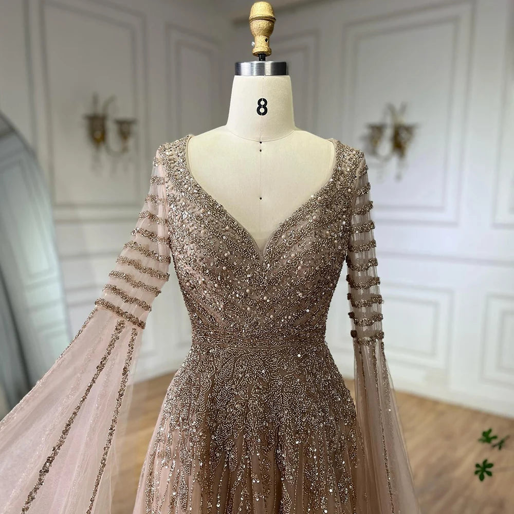 Customized 2025 Arabic Caramel Elegant A-Line Beaded Long Evening Dresses Gowns With Cape Sleeves For Formal Occasio LA72750