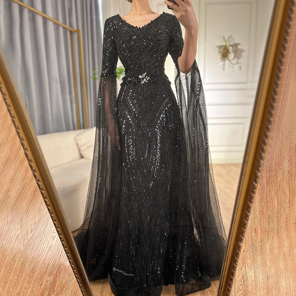 Serene Hill Customized 2025 Caramel A-Line Beaded Saudi Arabic Evening Dress with Cape Sleeves for Wedding Party LA72798