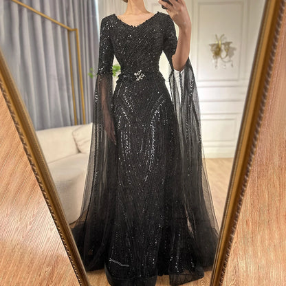 Serene Hill Customized 2025 Caramel A-Line Beaded Saudi Arabic Evening Dress with Cape Sleeves for Wedding Party LA72798