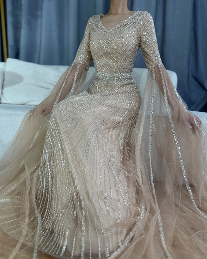 Serene Hill Customized 2025 Caramel A-Line Beaded Saudi Arabic Evening Dress with Cape Sleeves for Wedding Party LA72798