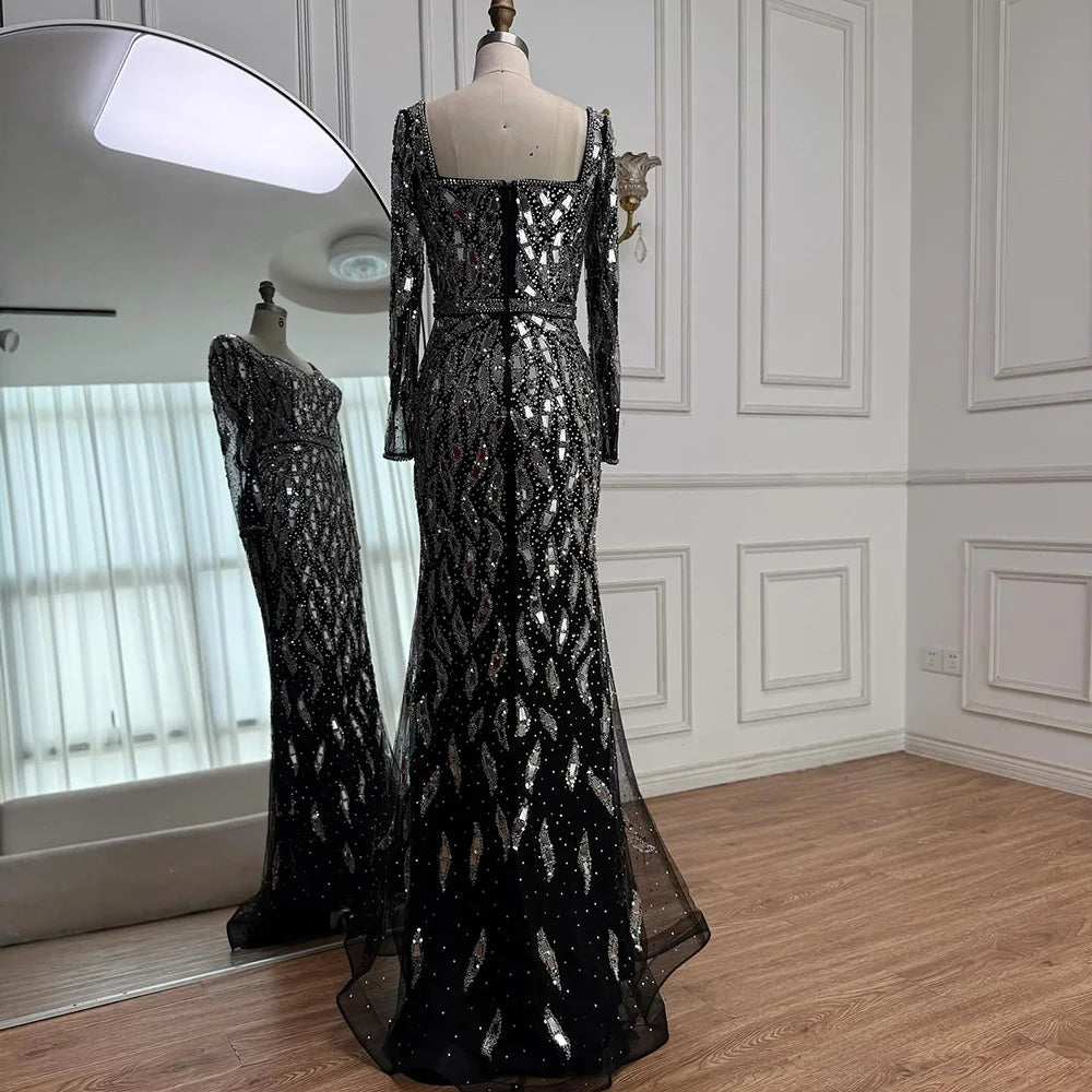 Luxury Black Silver Long Sleeve Evening Dress with Sequins Elegant Mermaid Gown for Women 2025 Serene Hill Customized LA73113