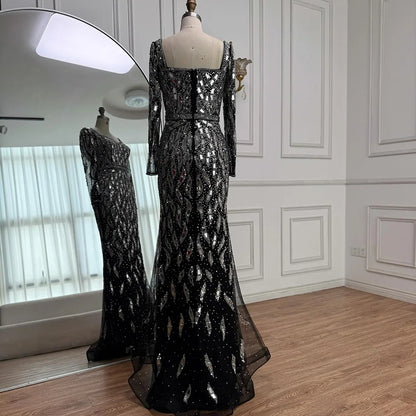 Luxury Black Silver Long Sleeve Evening Dress with Sequins Elegant Mermaid Gown for Women 2025 Serene Hill Customized LA73113