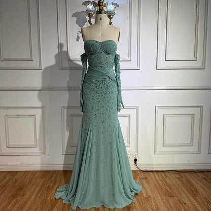 Turquoise Strapless Beaded Mermaid Evening Dress with Gloves Prom Gown Serene Hill 2025 Customized LA72933
