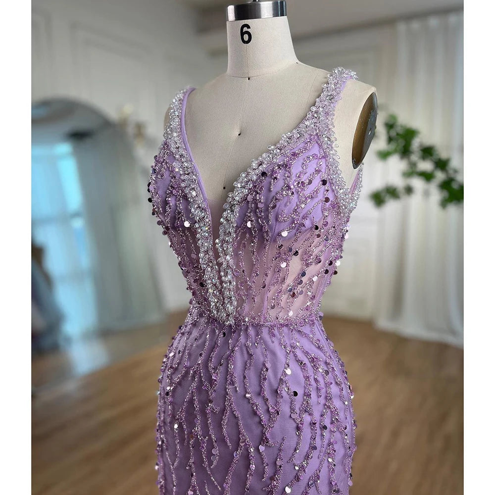 Serene Hill Pink Mermaid High Split Evening Dresses Feather Beaded Gowns Long 2025 For Women Wedding Party LA72152 Customized