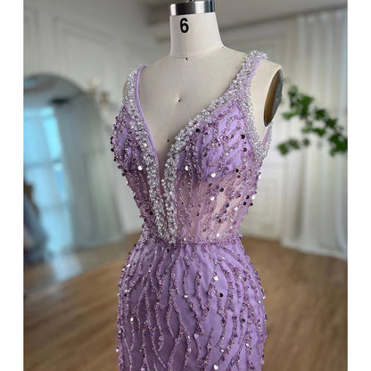 Serene Hill Pink Mermaid High Split Evening Dresses Feather Beaded Gowns Long 2025 For Women Wedding Party LA72152 Customized