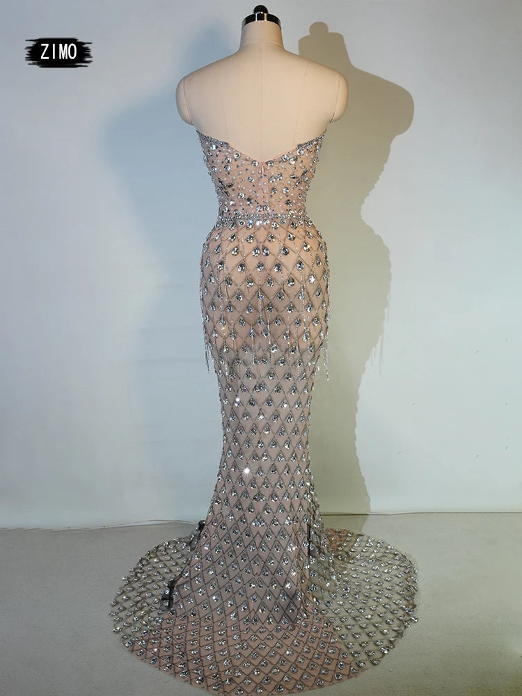 luxury Bright Crystal Dress Sexy Luxury Beaded Rhinestone Tulle Evening Prom Party Dress Noble Shooting Wedding Wedding Dresses