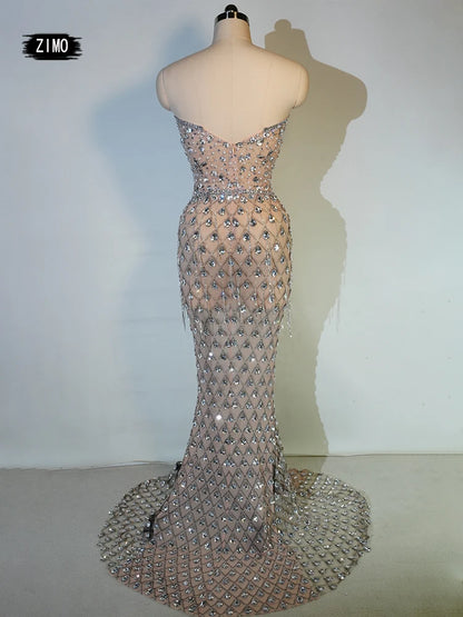 luxury Bright Crystal Dress Sexy Luxury Beaded Rhinestone Tulle Evening Prom Party Dress Noble Shooting Wedding Wedding Dresses