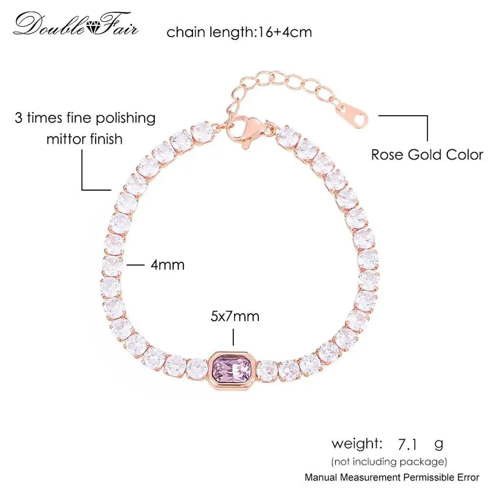 Romantic Pink Crystal Tennis Bracelets for Female Women Trend Shiny Zirconia Adjustable Folding Buckle Chain on Hand Jewelry