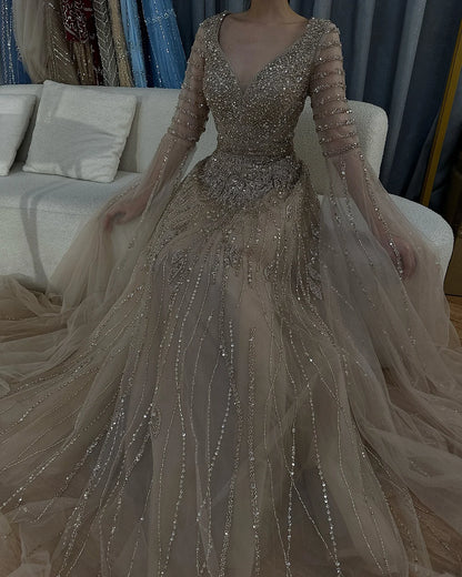 Customized 2025 Arabic Caramel Elegant A-Line Beaded Long Evening Dresses Gowns With Cape Sleeves For Formal Occasio LA72750