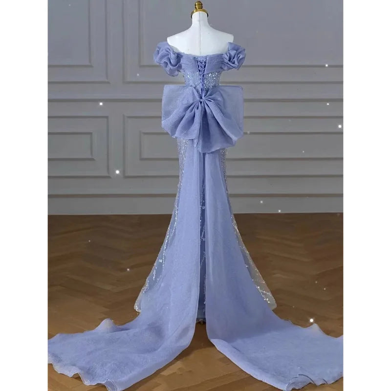 Woman's Dress High Dress Off-Shoulder Blue Evening Dress Light Luxury Niche Mermaid Sequin Host Elegant Party Dress