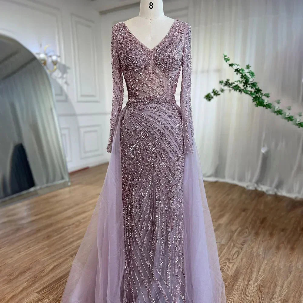 Serene Hill  Mermaid Beaded  Blue Muslim  Evening Dresses Gowns  with Detachable Skirt 2025  LA71750 Customized