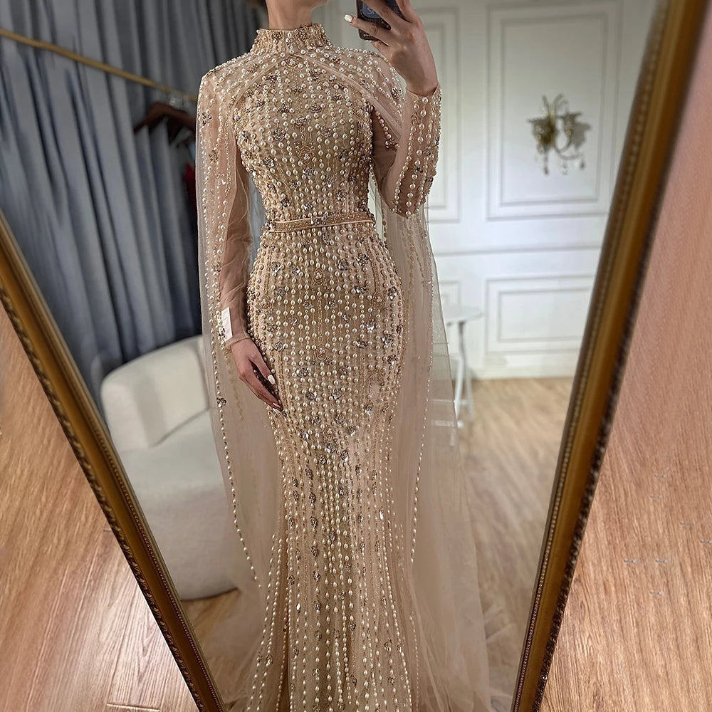 Muslim Nude Mermaid Cape Sleeves Pearls Beaded Luxury Dubai Evening Dresses Gowns 2025 Wedding Party LA72372 Customized