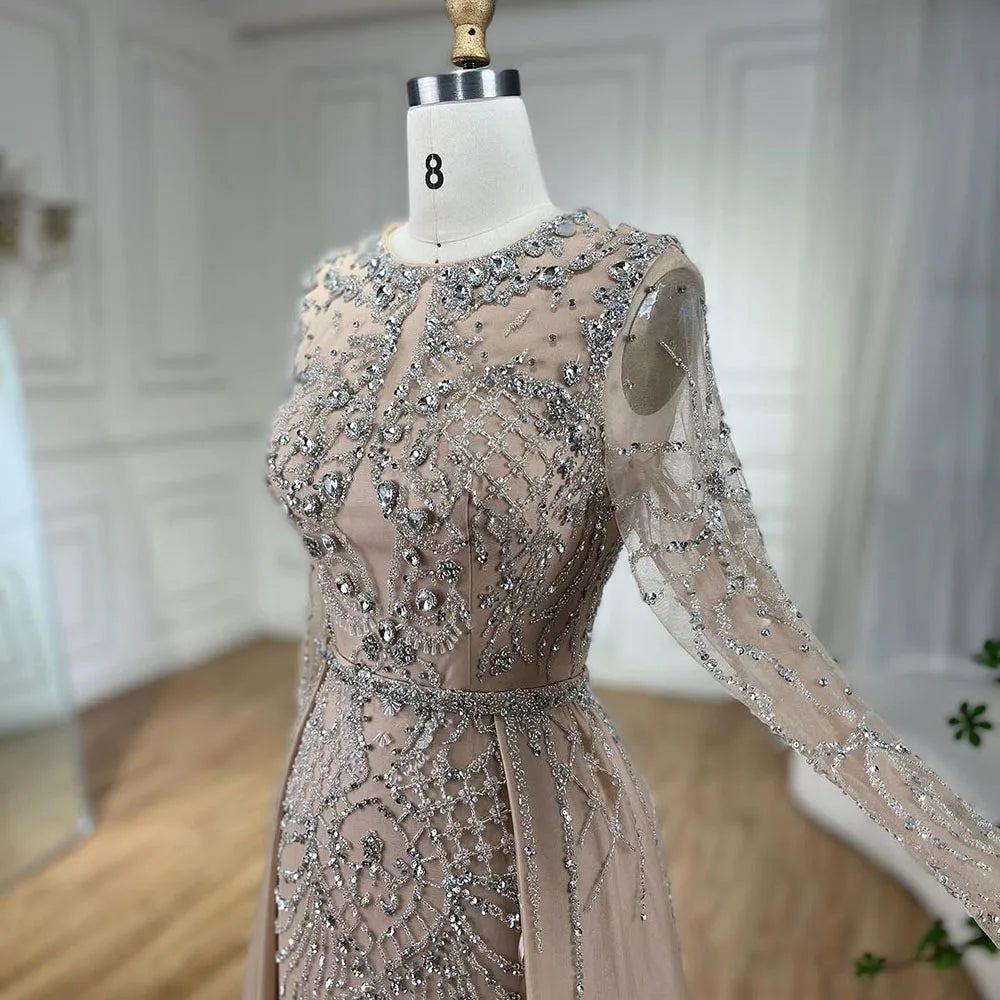 Serene Hill Muslim Silver Nude Mermaid Gown with Detachable Overskirt Beaded Evening Dress for Women Wedding Party 2025 LA71919