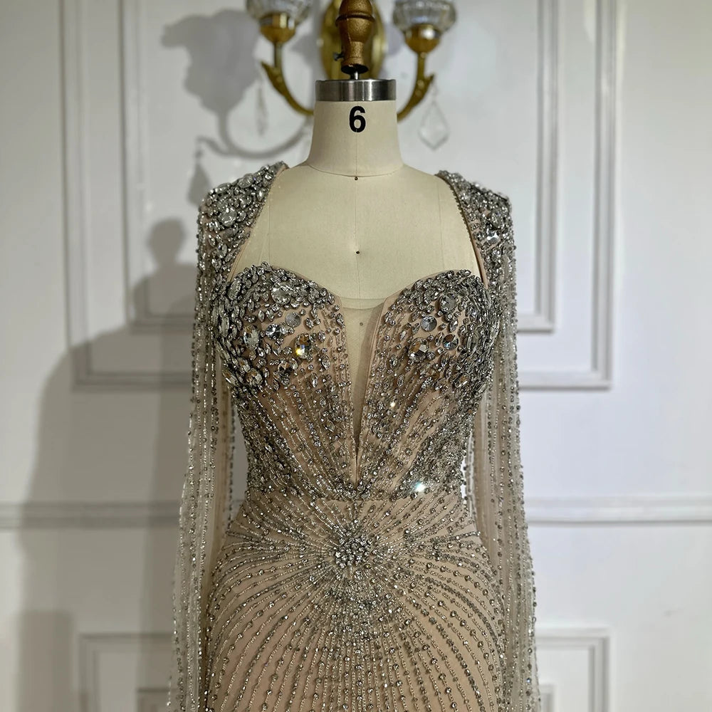 Serene Hill Customized Arabic Silver Nude Cape Sleeves Beaded Evening Dresses Gowns For Women Wedding Party 2025 LA72575