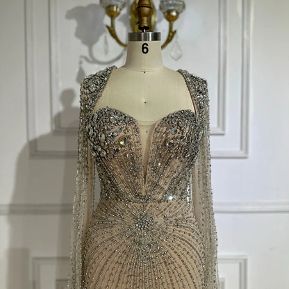Serene Hill Customized Arabic Silver Nude Cape Sleeves Beaded Evening Dresses Gowns For Women Wedding Party 2025 LA72575