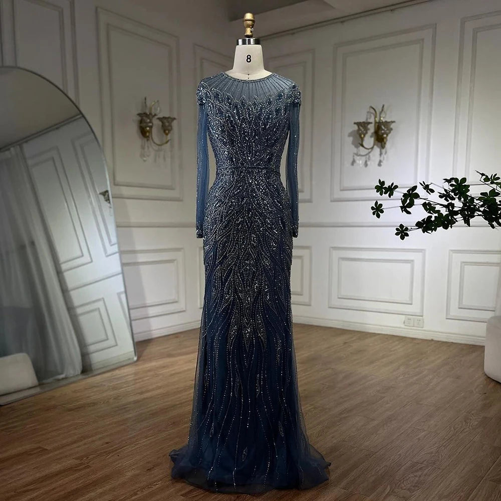 Serene Hill Muslim Blue Mermaid Luxury Beaded Dubai Long Evening Dresses Gowns for  Party 2025 LA71999L Customized