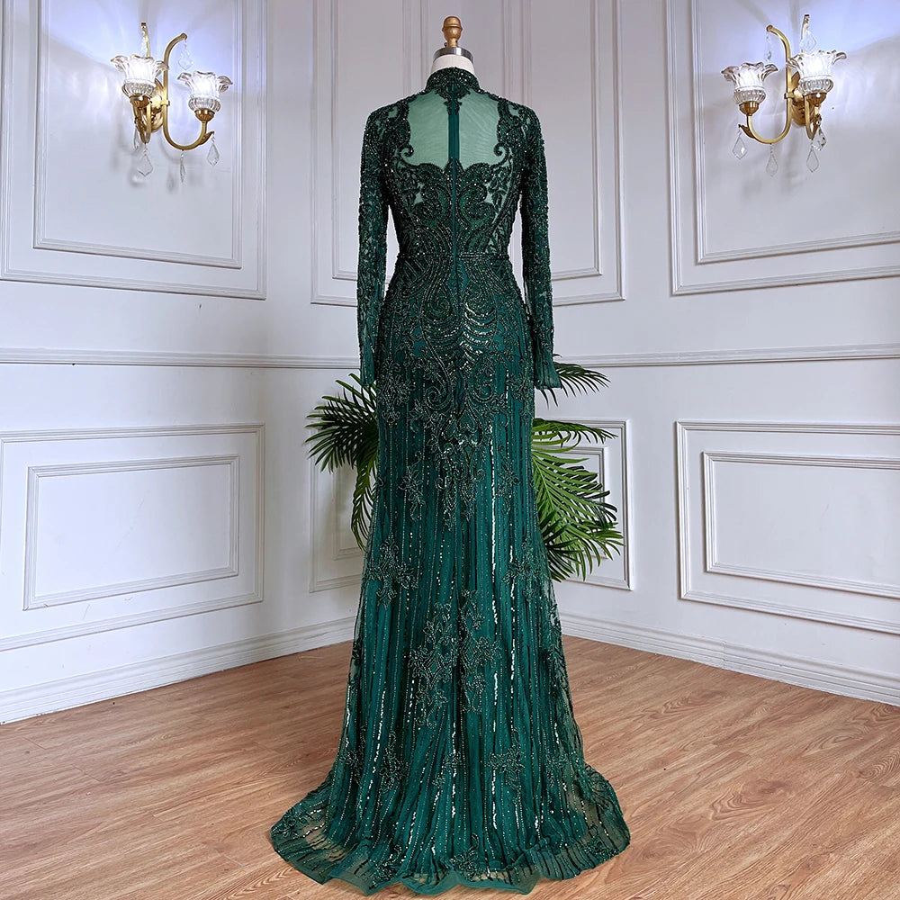 Serene Hill Muslim Green Mermaid Lace Beaded Crystal Luxury Dubai Evening Dresses Gowns For  Party 2025 LA71983 Customized