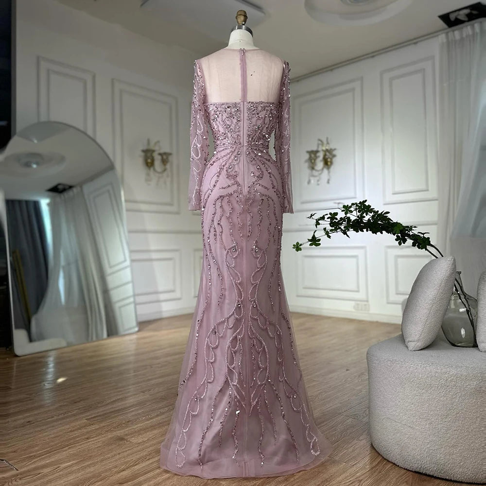 Serene Hill 2025 Customized Pink Beaded Saudi Arabic Mermaid Evening Dresses With Sheer Long Sleeves For Formal Occasion LA72875