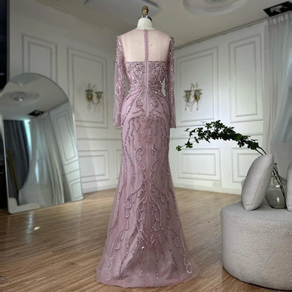 Serene Hill 2025 Customized Pink Beaded Saudi Arabic Mermaid Evening Dresses With Sheer Long Sleeves For Formal Occasion LA72875